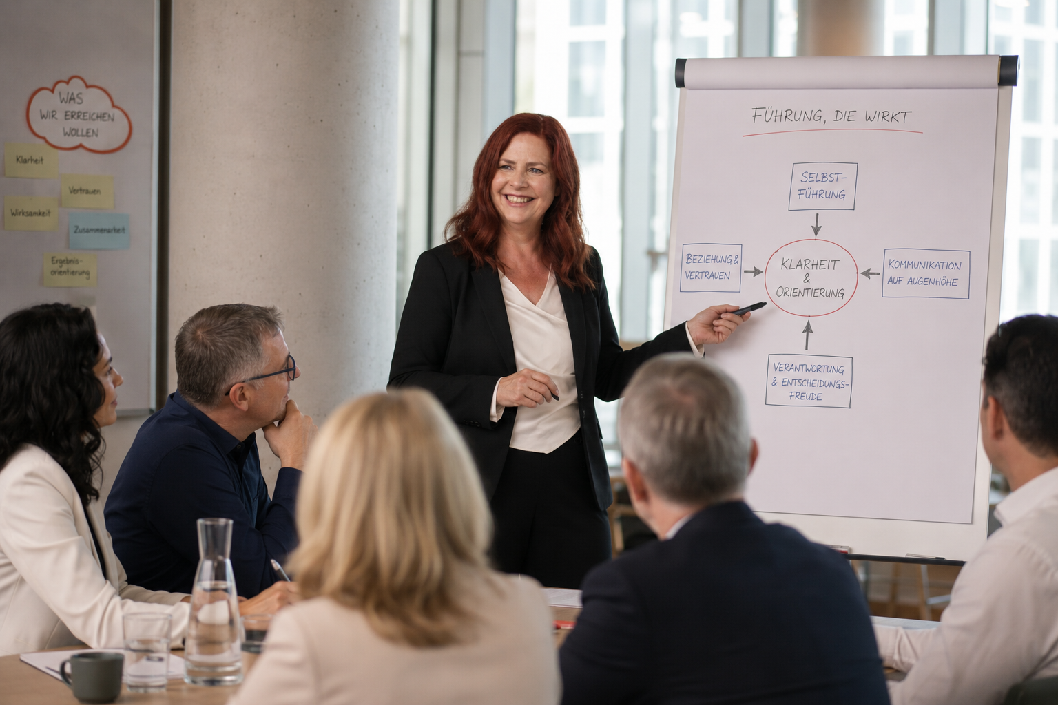 Petra Heinecke am Flipchart vor 5 Führungskräften